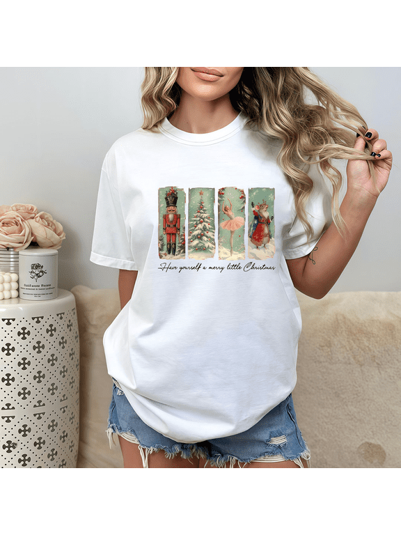 Women's cotton Casual "Have yourself a merry little Christmas" Christmas - Styled Graphic Tees With Charming Nutcracker, Tree, Ballerina And Mouse Print T - shirts Short Sleeve Tops