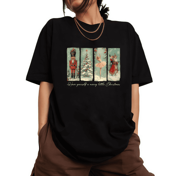 Women’s Christmas T-Shirt Vintage Nutcracker Tree Reindeer Top S-4XL