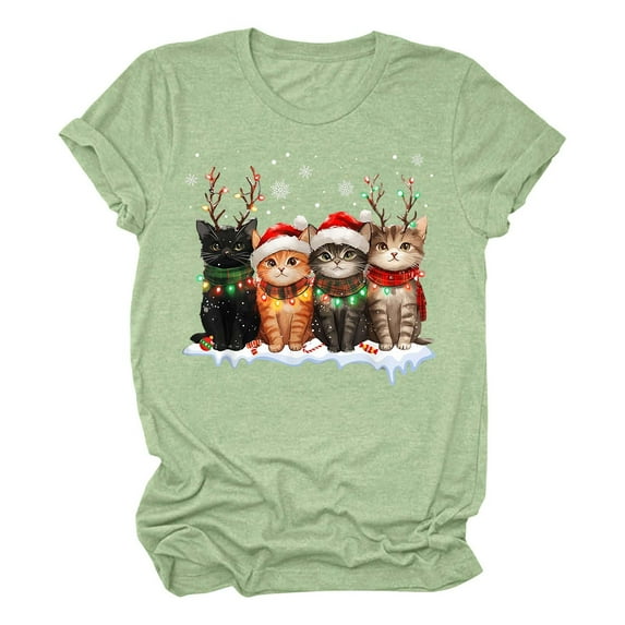 Women's Christmas T-Shirts Cute Cartoon Cat Print Short Sleeve Crewneck Summer Casual Xmas Fistival Tops