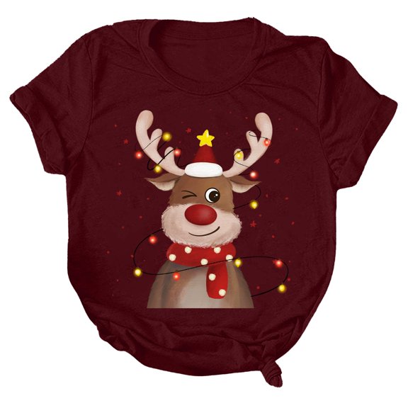 Women's Christmas T-Shirts Elk Graphic Summer Short Sleeve Crewneck Casual Xmas Gift Clothes