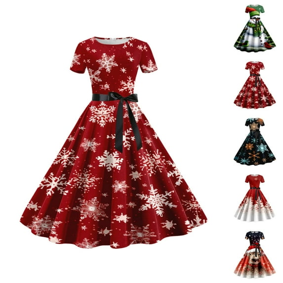 Women’s Christmas Tea Dress, 1950s Short Sleeve Vintage Print Swing Dress, Retro Holiday Style for Party and Evening Wear