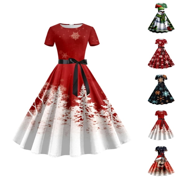 Women’s Christmas Tea Dress, 1950s Short Sleeve Vintage Print Swing Dress, Retro Holiday Style for Party and Evening Wear