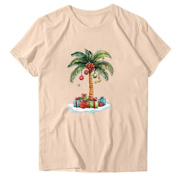 Women's Christmas Tees Palm Tree Lights Hawaiin Tropical Xmas Watercolor Short Sleeve T-Shirt
