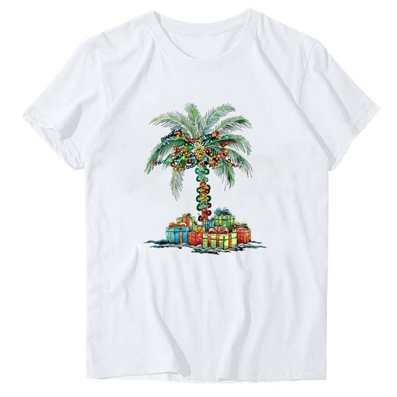 Women's Christmas Tees Palm Tree Lights Hawaiin Tropical Xmas Watercolor Short Sleeve T-Shirt