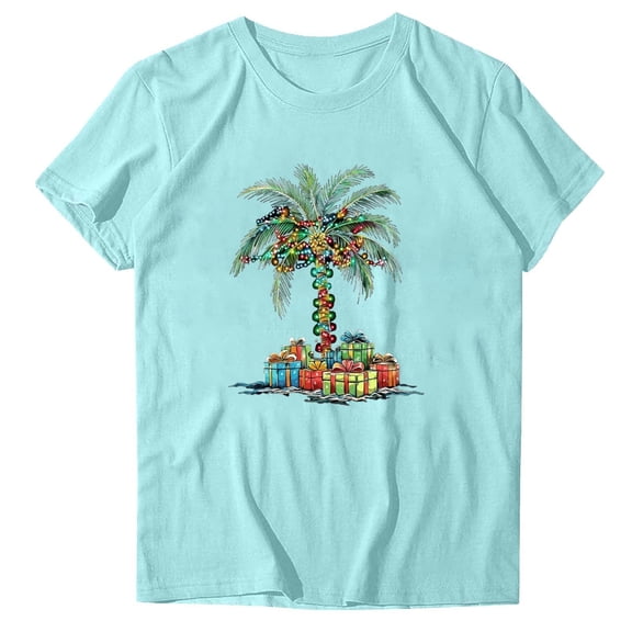 Women's Christmas Tees Palm Tree Lights Hawaiin Tropical Xmas Watercolor Short Sleeve T-Shirt