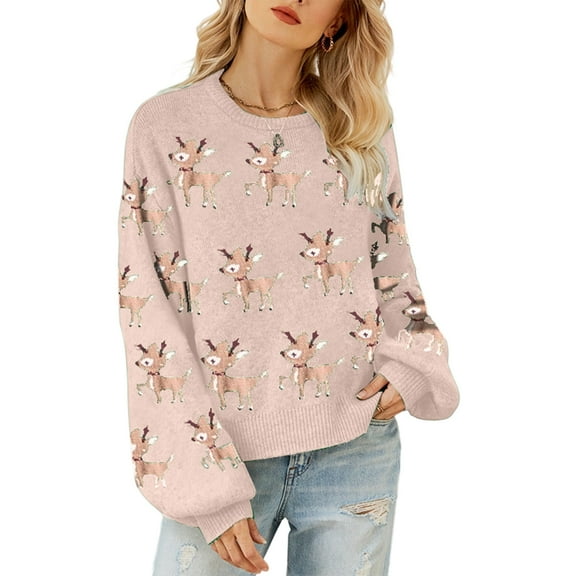 Women's Christmas-Themed Loose-Fitting Long-Sleeved Pullover Knit Sweater with Deer Print for Casual Holiday Wear,Pink,XL