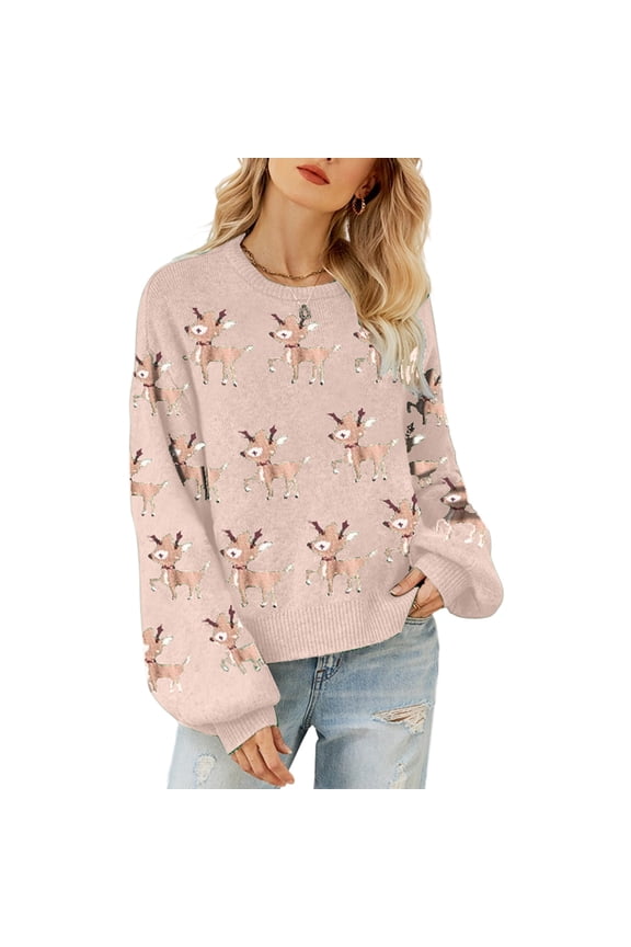 Women's Christmas-Themed Loose-Fitting Long-Sleeved Pullover Knit Sweater with Deer Print for Casual Holiday Wear,Pink,XL