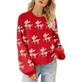 thumbnail image 1 of Women's Christmas-Themed Loose-Fitting Long-Sleeved Pullover Knit Sweater with Deer Print for Casual Holiday Wear,Red,S, 1 of 5