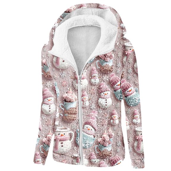 Women's Christmas Themed Zip-Up Hoodie - Fleece Lined Warm Flannel Coat with Pocket, Plus Size Sharpa Jacket with Hood for Fall Winter Holiday
