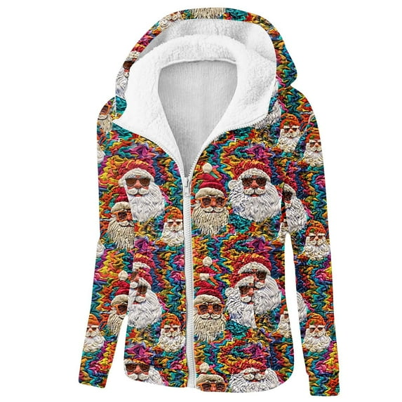 Women's Christmas Themed Zip-Up Hoodie - Fleece Lined Warm Flannel Coat with Pocket, Plus Size Sharpa Jacket with Hood for Fall Winter Holiday
