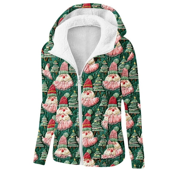 Women's Christmas Themed Zip-Up Hoodie - Fleece Lined Warm Flannel Coat with Pocket, Plus Size Sharpa Jacket with Hood for Fall Winter Holiday