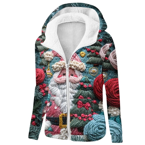Women's Christmas Themed Zip-Up Hoodie - Fleece Lined Warm Flannel Coat with Pocket, Plus Size Sharpa Jacket with Hood for Fall Winter Holiday