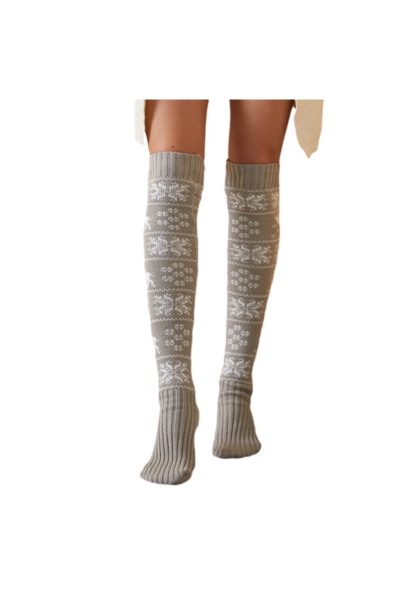 Women's Christmas Thigh High Socks, Snowflake Print Knit Over The Knee Stockings for Fall Winter
