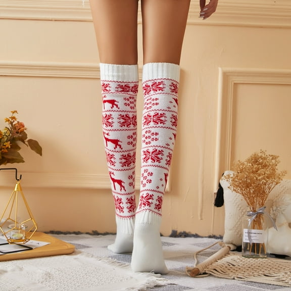 Women's Christmas Thigh High Socks, Snowflake Print Knit Over The Knee Stockings for Fall Winter