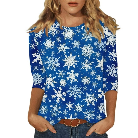 Women's Christmas Tops 3/4 Length Sleeve Elbow Length Tee Shirts for Women Graphic Xmas Tree Snowflake Print Tshirt Dressy Casual Blouse Fall Tops Elbow Sleeve Tops Tees & Blouses