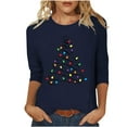 thumbnail image 1 of Women's Christmas Tops 3/4 Length Sleeve T-shirts Xmas Tree Lights Printed Crew Neck Holiday Plus Size Clothes (2XL, Navy), 1 of 4