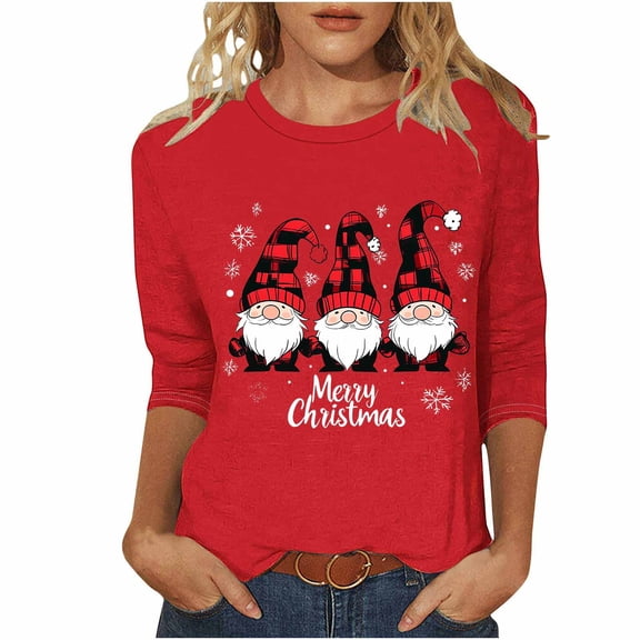 Women's Christmas Tops 3/4 Length Sleeve T-shirts Xmas Tree Lights Printed Crew Neck Holiday Plus Size Clothes (5XL, Red A)