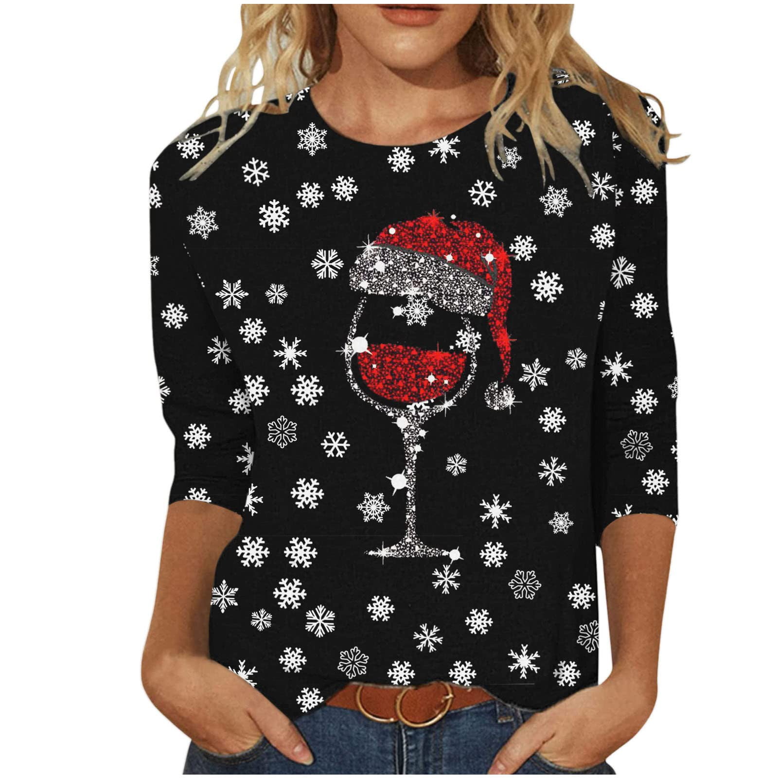 BVnarty Women's Casual Round Neck T-Shirt Raglan Color Matching Christmas Wine Glasses Santa Hats and Snow Printed Long Sleeve Tops Gray XL