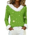 thumbnail image 1 of Women's Christmas Tops Long Sleeve V Neck Pullover with Faux Fur Trim and Star Print Casual Loose Fit Christmas Clothes Green M, 1 of 4