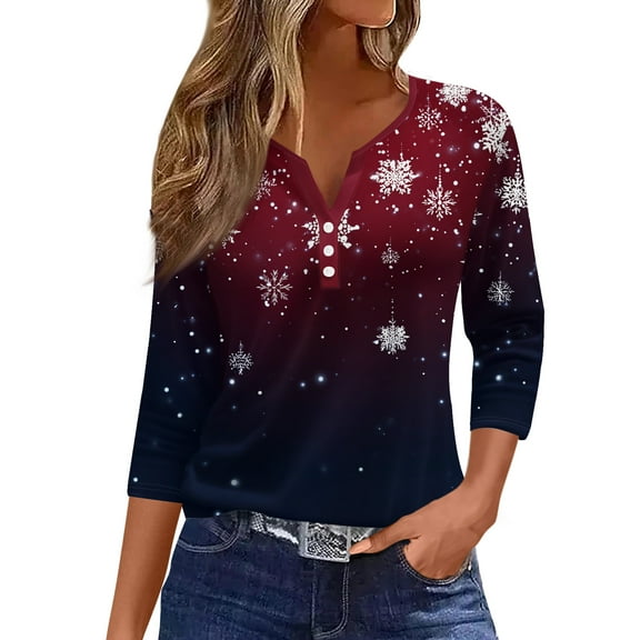 Women's Christmas Tops V Neck 3/4 Sleeve Tops for Women Henley Xmas Tree Snowflake Print Tshirts Dressy Casual Blouse Plus Size Tops Quarter Sleeve Tunic Tops