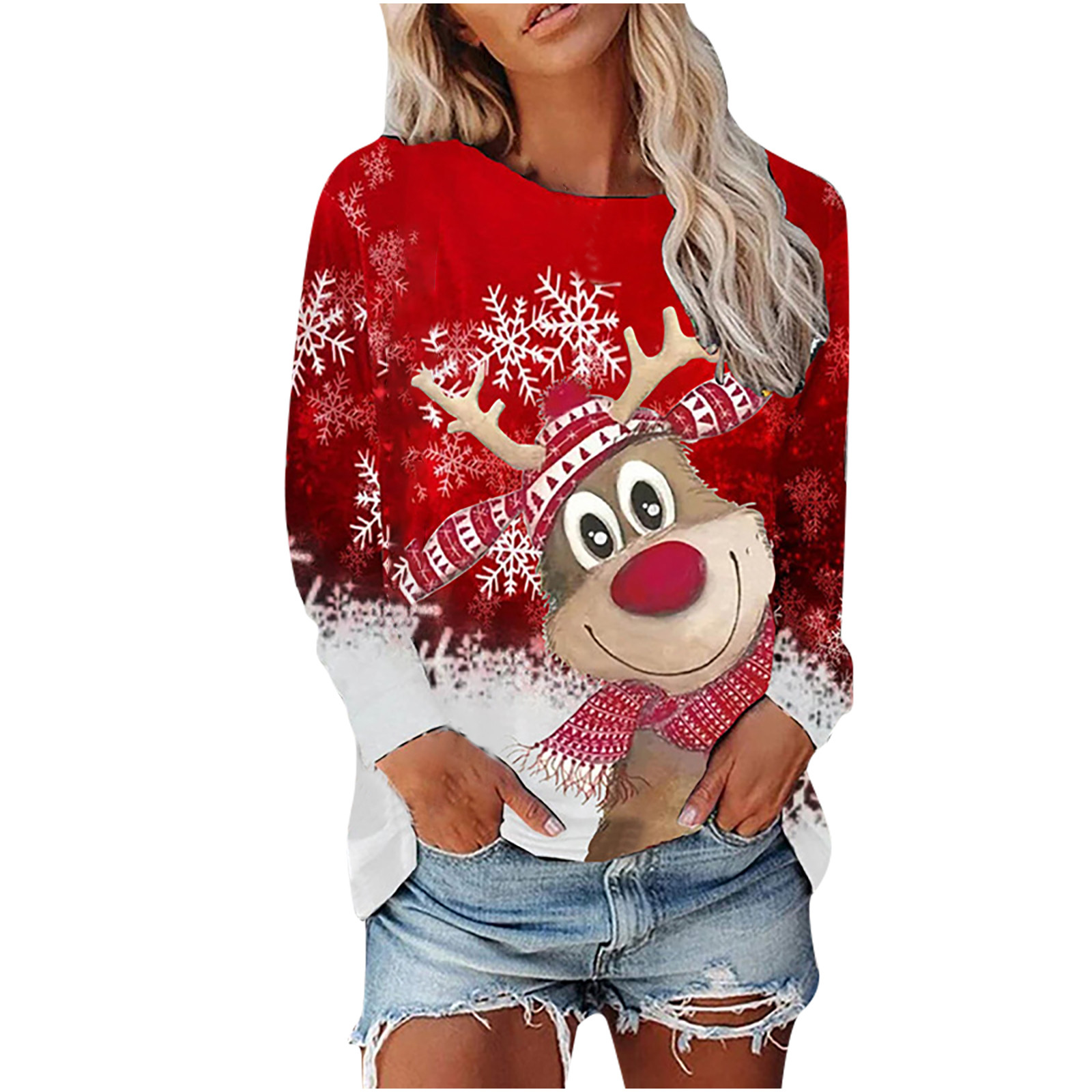 Women's Christmas Tops Women Casual Christmas Print Round Neck Long