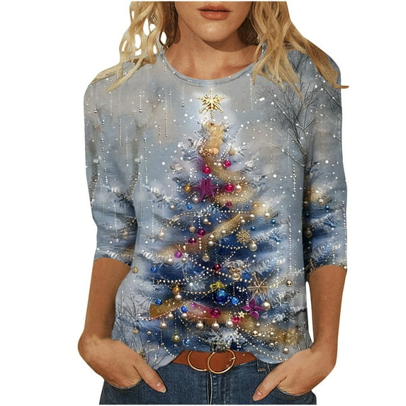 Women's Christmas Tree Graphic Print Tee 3/4 Sleeve Casual T-Shirts Crewneck Plus Size Soft Shirts Holiday Gift