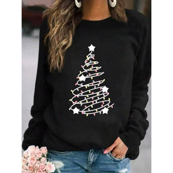 Women's Christmas Tree Graphic Sweatshirt, Causal Long Sleeve, Holiday T-Shirt, Cofy Daily Wear Top，Funny，cotton，black，S-3XL