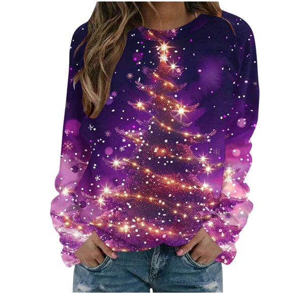 Women's Christmas Tree Graphic Sweatshirt Plus Size Crewneck Long Sleeve Pullover Casual Holiday Top
