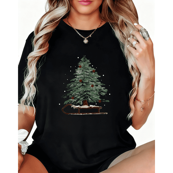 Women’s Christmas Tree Graphic T Shirt Holiday Minimalist Tee Top S-5XL Black White