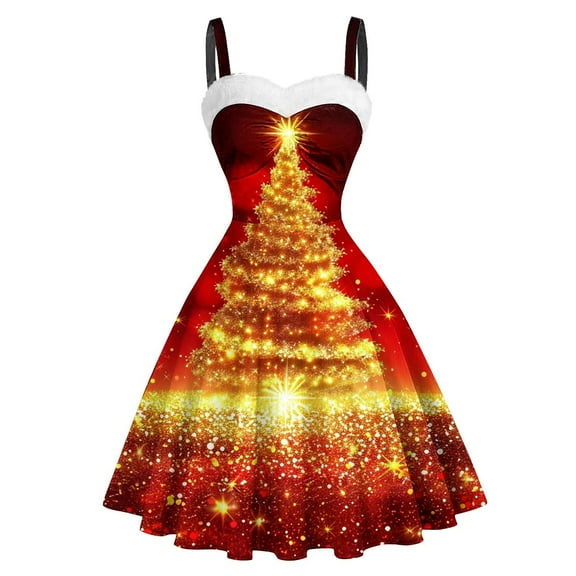 DailyTrove Women's Christmas Tree Print Fit & Flare Dress, Sleeveless, Holiday Party & Winter Event Outfit, Stretchy Satin Blend