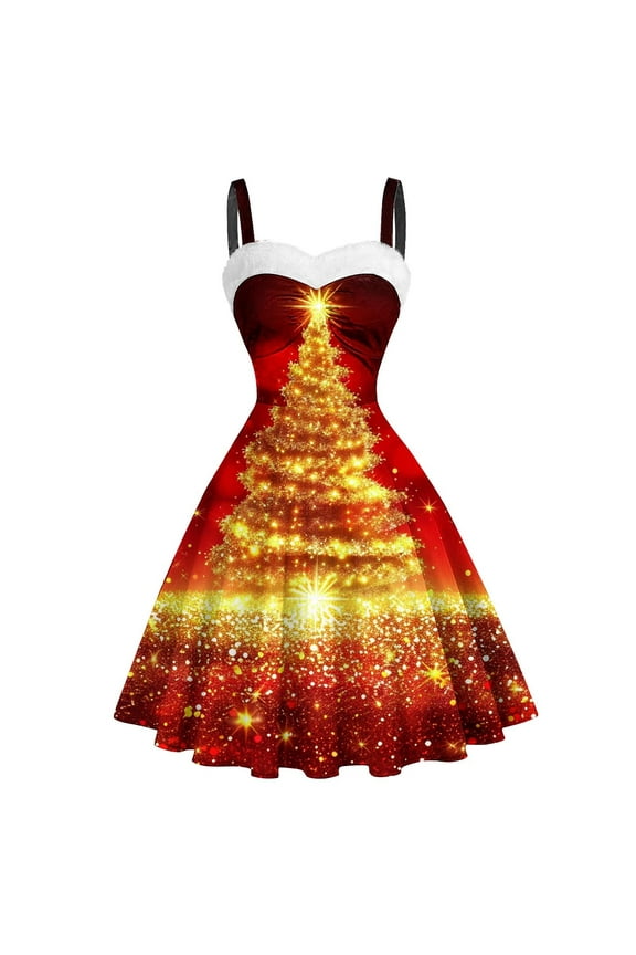 Women's Christmas Tree Print Fit & Flare Dress, Sleeveless, Holiday Party & Winter Event Outfit, Stretchy Satin Blend