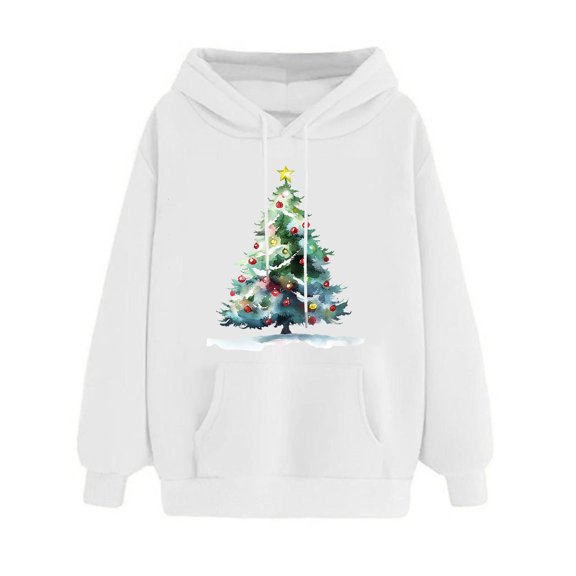 Women's Christmas Tree Print Hoodie Long Sleeve Crewneck Oversized Fall Sweatshirt Holiday 2025 Trendy Top
