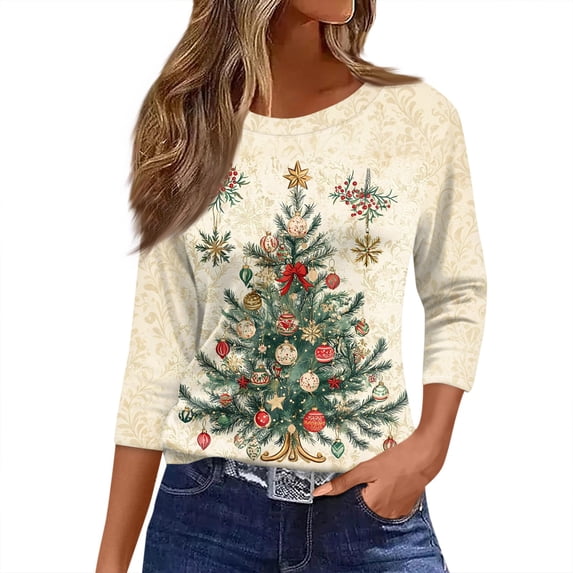 Women's Christmas Tree Print Round Neck 3/4 Sleeve Tee Pullover - Beige - XXL