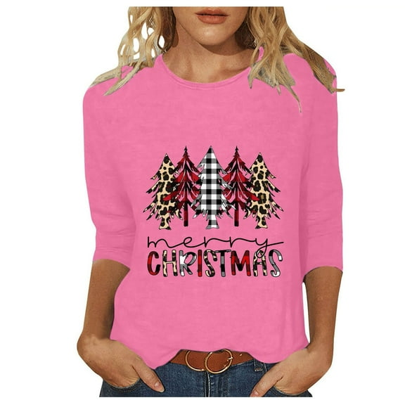 Women's Christmas Tree Print Tops Christmas Graphic Tee Tops Casual 3/4 Length Sleeve Crewneck Soft T Shirts