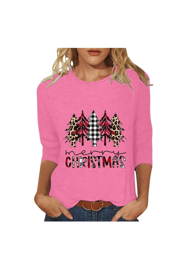 Women's Christmas Tree Print Tops Christmas Graphic Tee Tops Casual 3/4 Length Sleeve Crewneck Soft T Shirts