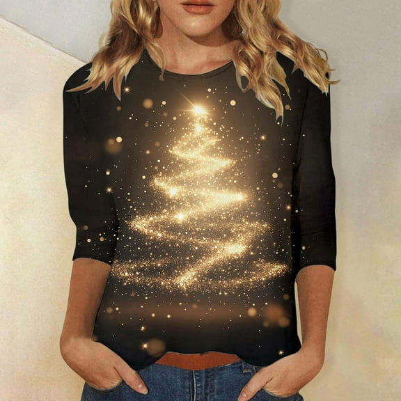 Women's Christmas Tree Printed Round Neck Three Quarter Sleeve Casual T Shirt Top Exercise Wear for Women Short Sleeve Shirts for Woman Ladies Tees And Tops Short Sleeve Shirt Womens Solid Color T