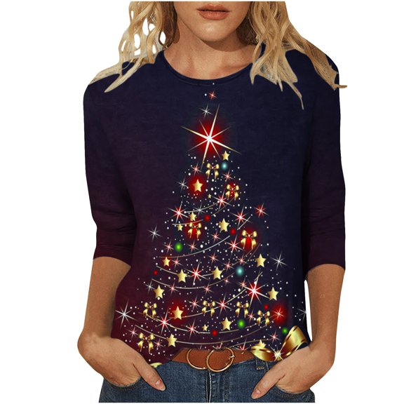 Women's Christmas Tree Shirt 3/4 Sleeve Holiday Casual Festive TopXmas Santa Snowflakes Star Graphic, Crewneck