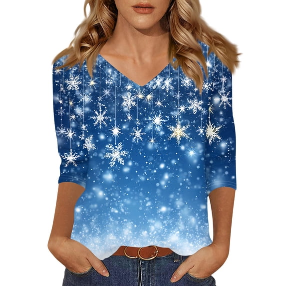 Women's Christmas Tree and Snowflake Print V-Neck 3/4 Sleeve T-Shirt - Blue - XXXL