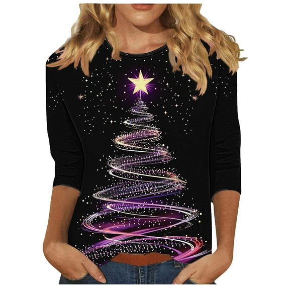 Women's Christmas Tunic Top 3/4 Sleeve Pullover with Sparkle Glitter Xmas Tree Print Crewneck Holiday Party Blouse Festive Seasonal Gift Top