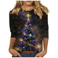 thumbnail image 1 of Women's Christmas Tunic Top 3/4 Sleeve Pullover with Sparkle Glitter Xmas Tree Print Crewneck Holiday Party Blouse Festive Seasonal Gift Top, 1 of 5