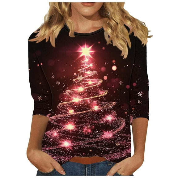 Women's Christmas Tunic Top 3/4 Sleeve Pullover with Sparkle Glitter Xmas Tree Print Crewneck Holiday Party Blouse Festive Seasonal Gift Top