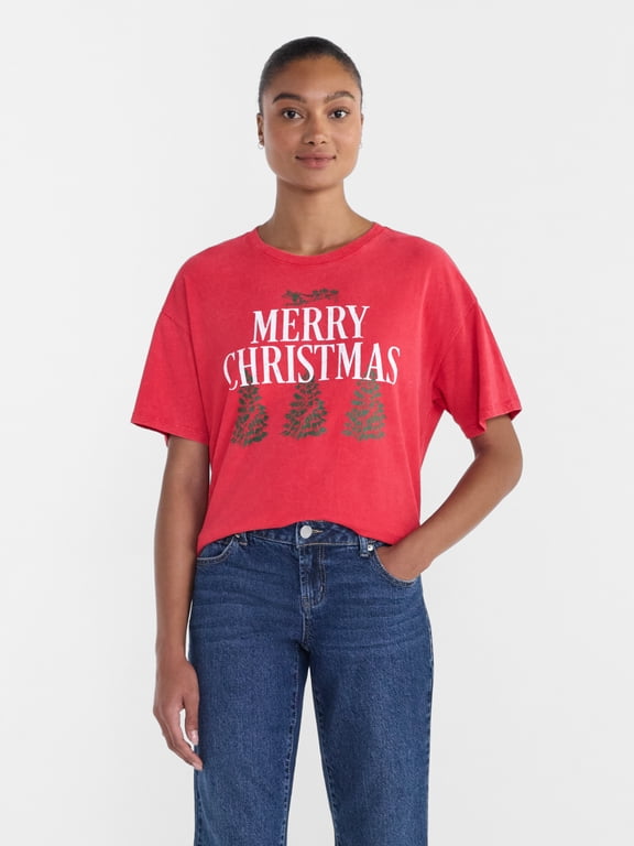 Women's Christmas Two Tone Graphic Tee from Holiday Time, Sizes XS-4X