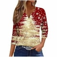thumbnail image 1 of Women’s Christmas V-Neck Shirt Long Sleeve Holiday Xmas Tree and Stars Print Casual Loose Fit Fall Winter Top, 1 of 4