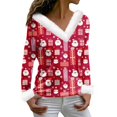 thumbnail image 1 of Women's Christmas V-Neck Sweater with Snowflake Print and Faux Fur Trim, Long Sleeve Festive Pullover, 1 of 4