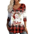 thumbnail image 1 of Women's Christmas V-neck Long-Sleeved T-shirt Fun Plaid Snowflake Christmas Tree Snowman Letter Pattern Fashion Comfortable T-shirt Top, 1 of 4