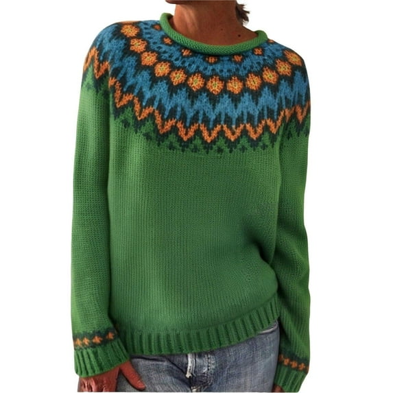 Women's Christmas Vintage Sweater Long Sleeve Crewneck Print Chunky Knit Pullover Top Green 2XL