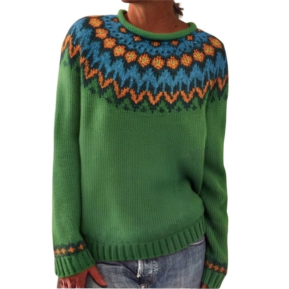 Women's Christmas Vintage Sweater Long Sleeve Crewneck Print Chunky Knit Pullover Top Green XL