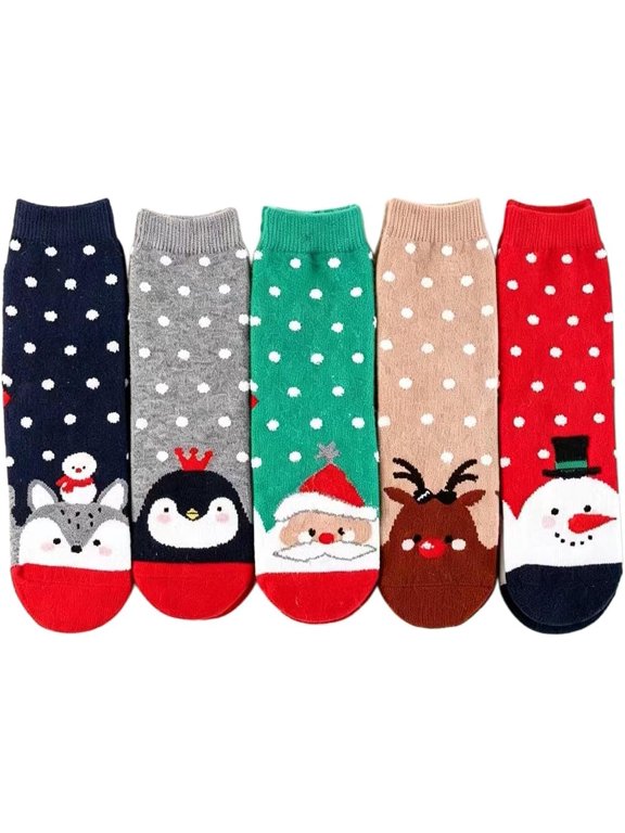Women's Christmas Warm Wool Socks Set of 5, Thick Cozy Winter Crew Socks, Soft Fuzzy Holiday Socks for Home, Lounge, Sleeping and Daily Wear