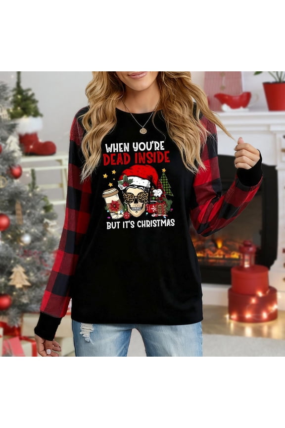 Women's Long Sleeve Black Red Plaid "Mooey Christmas" Highland Cow Santa Hat Graphic Top, Casual Holiday Shirt