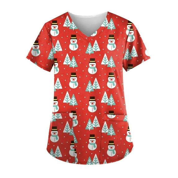 Women's Christmas Working Uniform Tops Cute Xmas Graphic Pattern Tunic Tee Shirts Pockets V-Neck Short Sleeve Tshirt